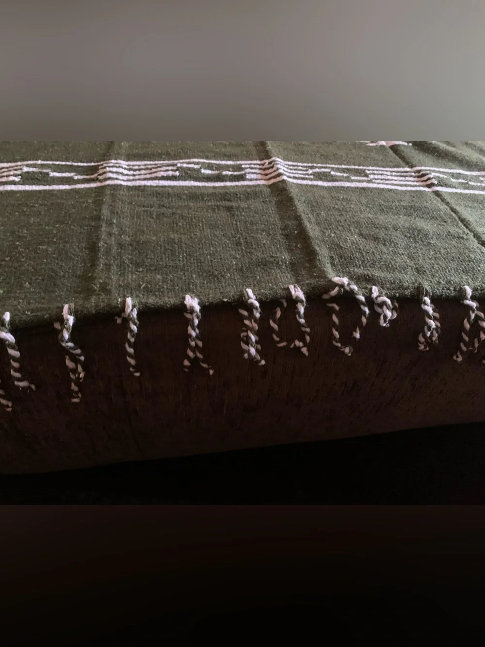 olive green Mexican-style blanket poncho featuring a geometric pattern